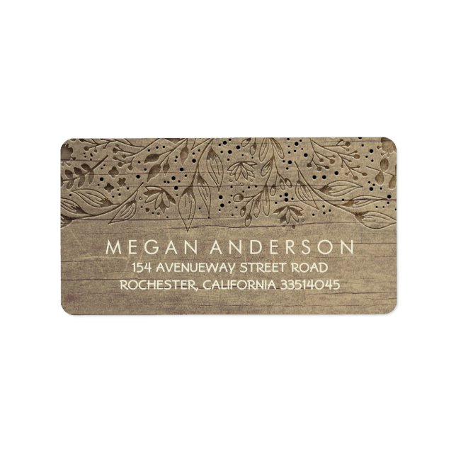 Engraved Wood Flowers Rustic Wedding Label (Front)