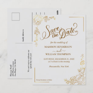 Engraving Golden Floral Wedding Save The Date Postcard