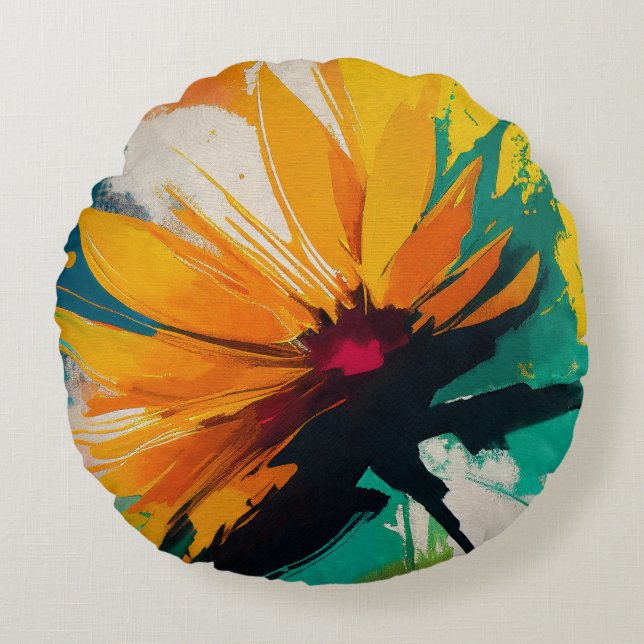Enigmatic Blossom – A Dance Of Colour And Motion Round Cushion (Front)