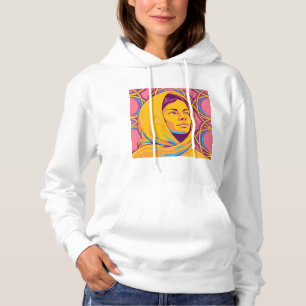 Enigmatic Brazilian Woman in Vibrant Pop Art Hoodie