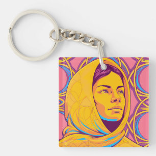 Enigmatic Brazilian Woman in Vibrant Pop Art Key Ring