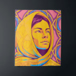 Enigmatic Brazilian Woman in Vibrant Pop Art Tapestry<br><div class="desc">This artwork features a captivating portrait of a Brazilian woman, rendered in a bold Pop Art style. Her head is covered by a yellow headscarf, which is intricately detailed with patterns, suggesting traditional or symbolic significance. The use of a vibrant color palette, dominated by yellow, pink, and hints of blue...</div>