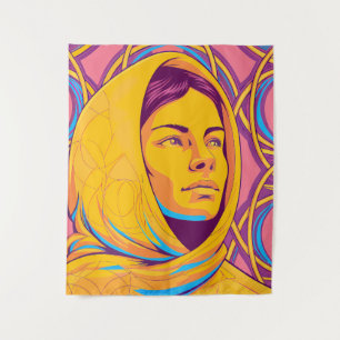 Enigmatic Brazilian Woman in Vibrant Pop Art Tapestry