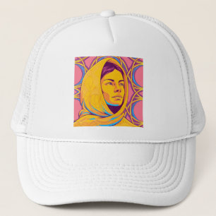 Enigmatic Brazilian Woman in Vibrant Pop Art Trucker Hat