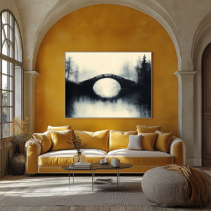 Enigmatic Bridge Amidst Foggy Reflections in B&W Poster