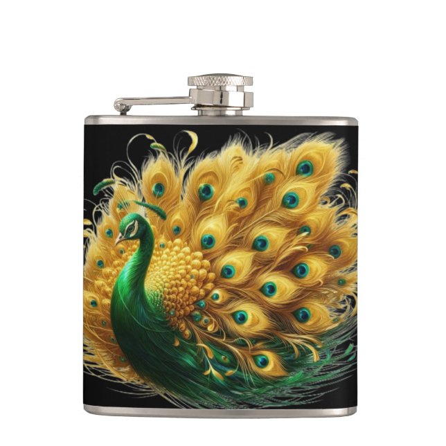 Enigmatic Elegance: A Peacocks Emerald Plumes Hip Flask (Front)
