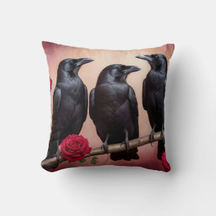 Enigmatic Encounter: Three Crows Among Roses Cushion