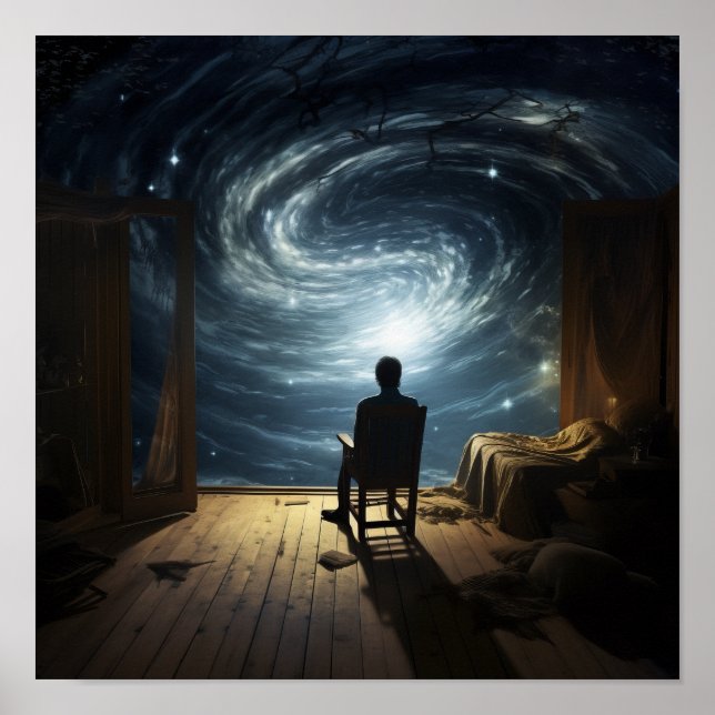 Enigmatic Flight: Surreal Poster of a Flying Figur (Front)