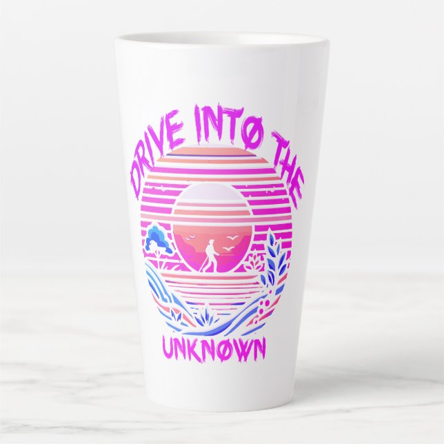 Enigmatic Journey: Retro Sunset Exploration Latte Mug (Front)