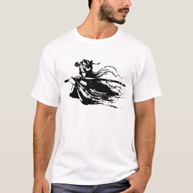 Enigmatic Samurai: Fox Mask and Bloody Katana T-Shirt (Front)