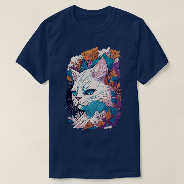 Enigmatic White Cat Detailed Illustration of a Cap T-Shirt (Design Front)