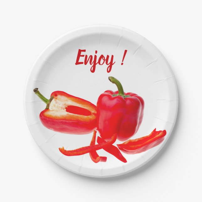 Enjoy fresh red bell pepper photo with text paper plate (Front)