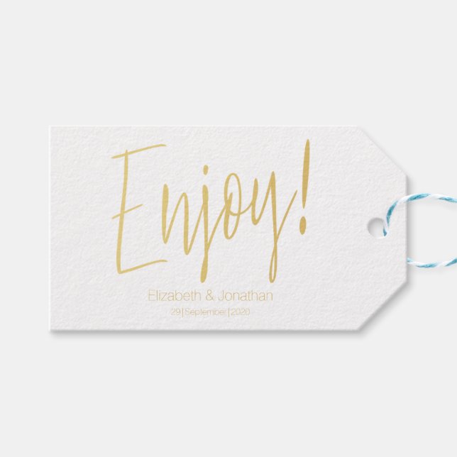 "Enjoy" Gold Calligraphy Wedding Favour Tag (Front (Horizontal))
