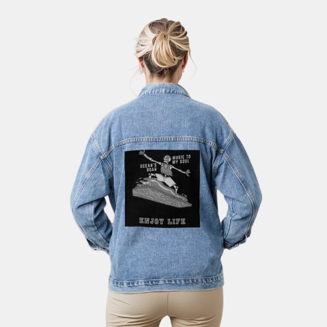 Enjoy Life Skull Design Denim Jacket - Unique Goth (Model)