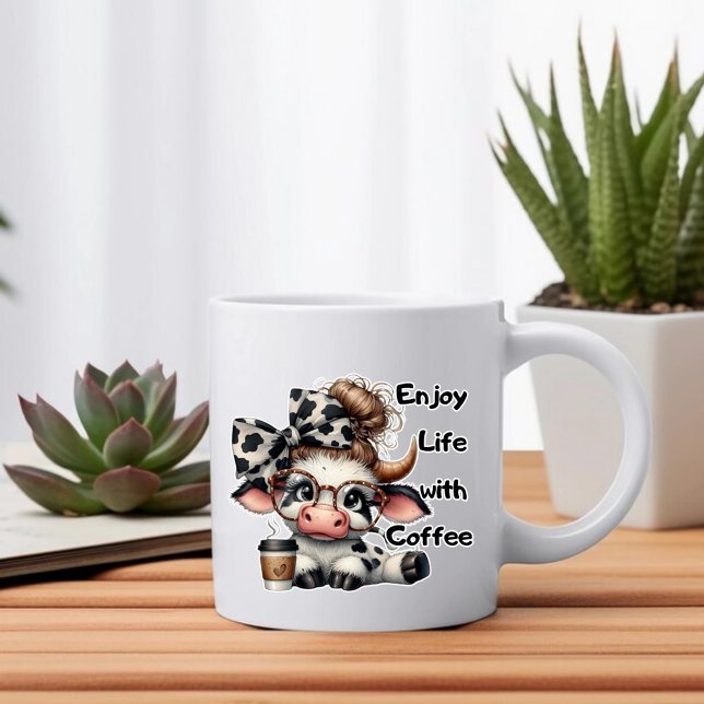 Enjoy Life with Coffee Cute Cow Coffee Mug (Creator Uploaded)
