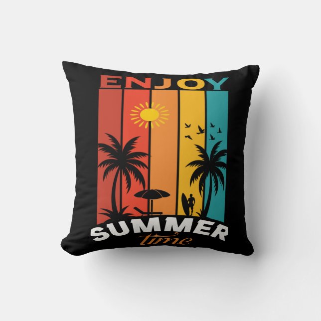Enjoy Summer Time Retro Beach Tee Cushion (Front)