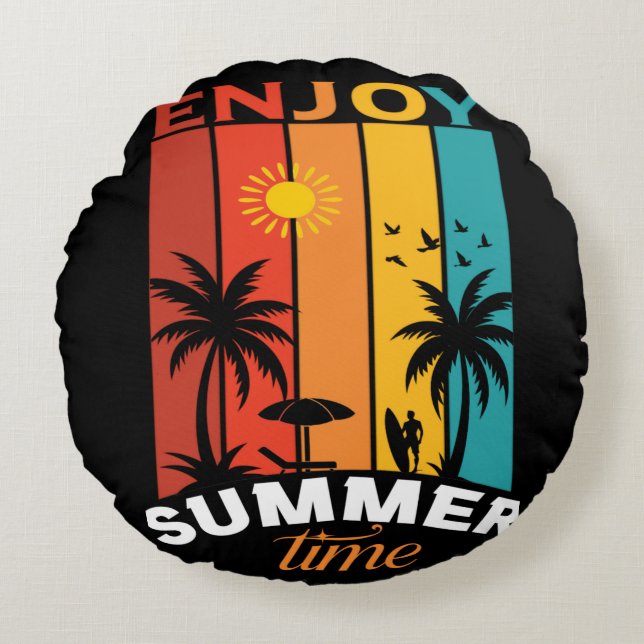 Enjoy Summer Time Retro Beach Tee Round Cushion (Front)