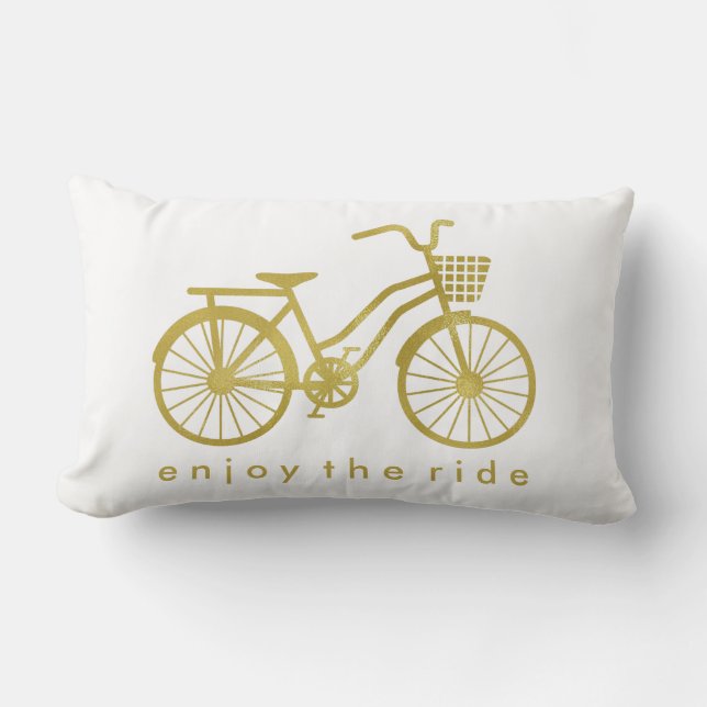 Enjoy the Ride Chic Gold Bicycle on White Lumbar Cushion (Front)