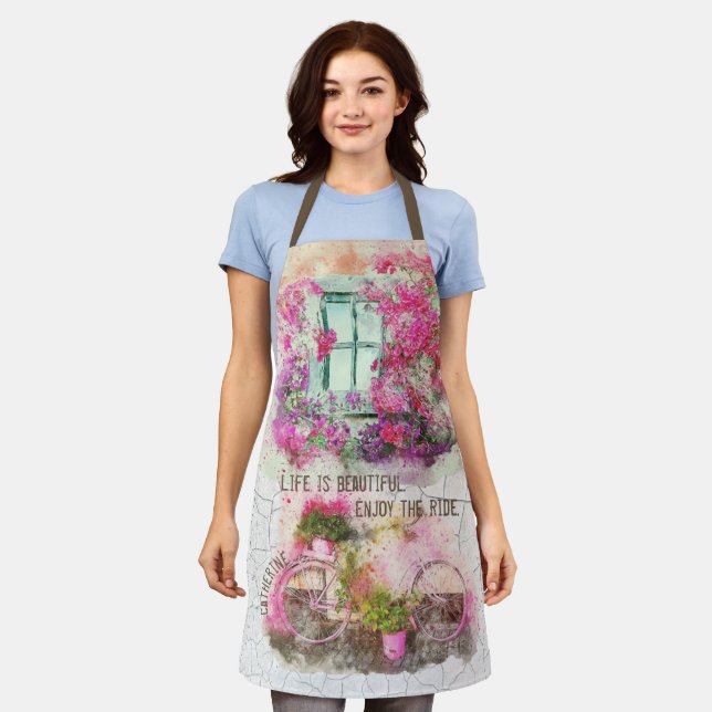 Enjoy The Ride | Watercolor Bicycle With Flowers Apron (Worn)