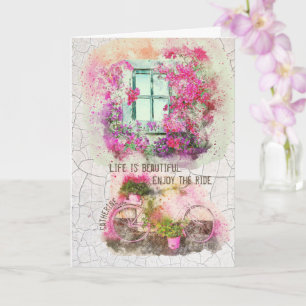 Enjoy The Ride   Watercolor Bicycle With Flowers Card