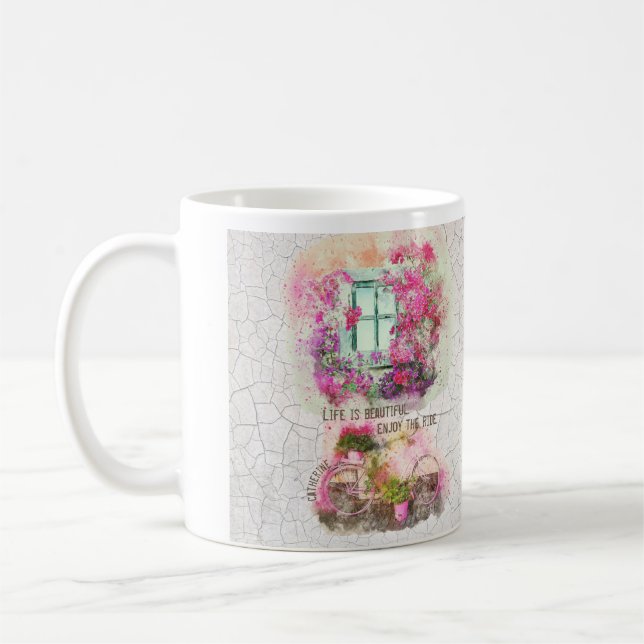 Enjoy The Ride | Watercolor Bicycle With Flowers Coffee Mug (Left)