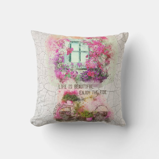 Enjoy The Ride | Watercolor Bicycle With Flowers Cushion (Front)