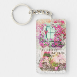 Enjoy The Ride Watercolor Bicycle With Flowers Key Ring