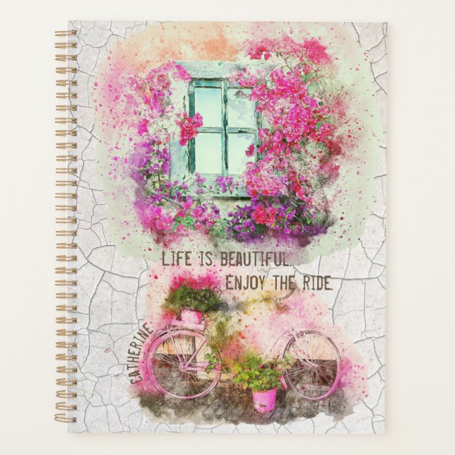 Enjoy The Ride | Watercolor Bicycle With Flowers Planner (Front)