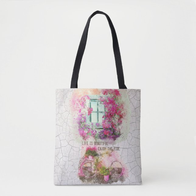 Enjoy The Ride | Watercolor Bicycle With Flowers Tote Bag (Front)