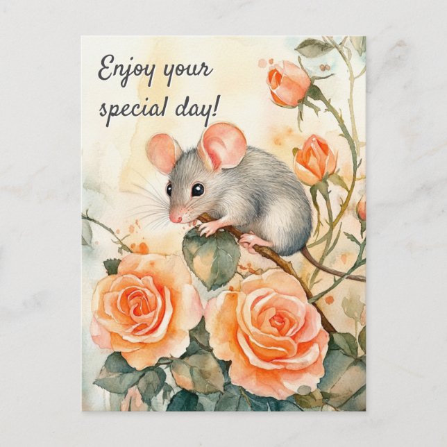 Enjoy your special day mouse and roses postcard (Front)