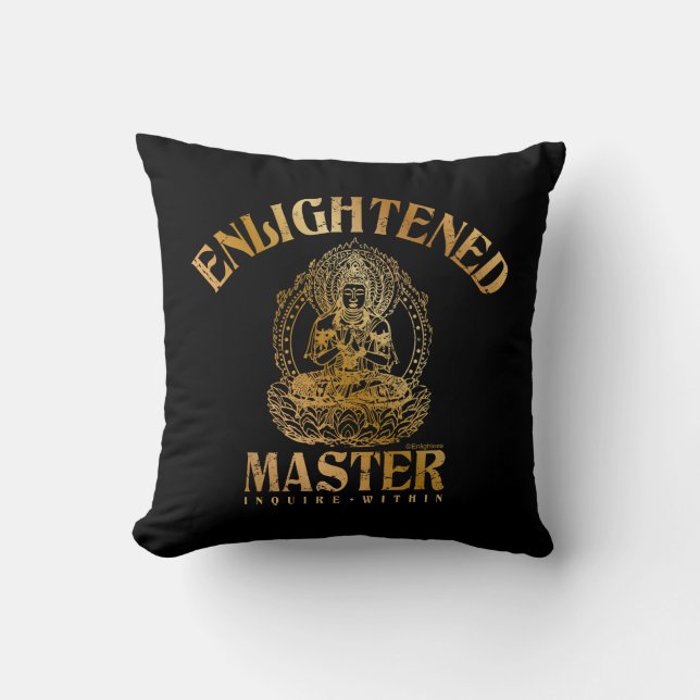 Enlightened Master - Faux Gold Foil Buddha Black Cushion (Front)