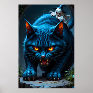 Enormous blue cat with a wicked witch in a dark poster