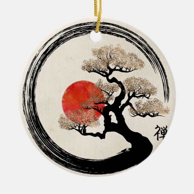Enso Circle and Bonsai Tree on Canvas Ceramic Tree Decoration (Front)