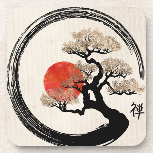 Enso Circle and Bonsai Tree on Canvas Coaster (Front)