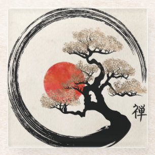 Enso Circle and Bonsai Tree on Canvas Glass Coaster