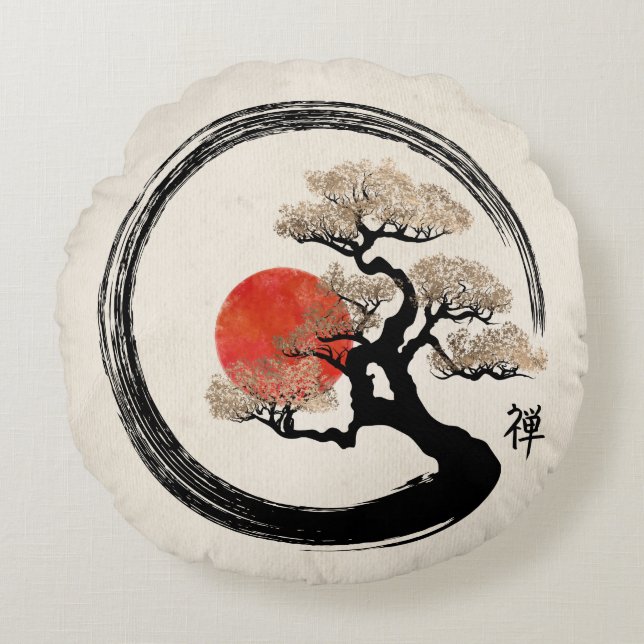 Enso Circle and Bonsai Tree on Canvas Round Cushion (Front)