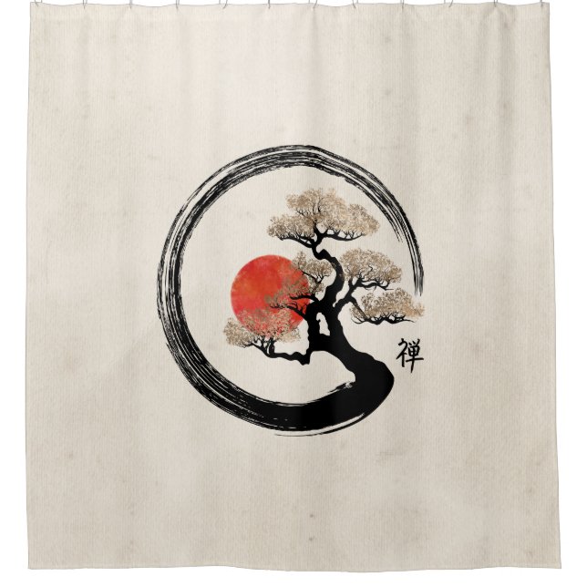 Enso Circle and Bonsai Tree on Canvas Shower Curtain (Front)