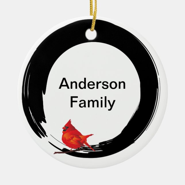Enso Circle with Red Cardinal Ceramic Tree Decoration (Front)