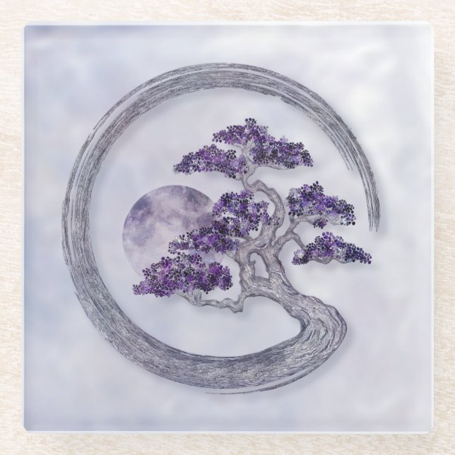 Enso Zen Circle Amethyst Bonsai Tree  Glass Coaster (Front)