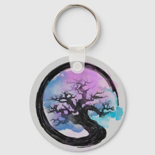 Enso Zen Circle and Bonsai Tree Alcohol Ink Key Ring