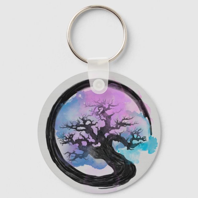 Enso Zen Circle and Bonsai Tree Alcohol Ink Key Ring (Front)
