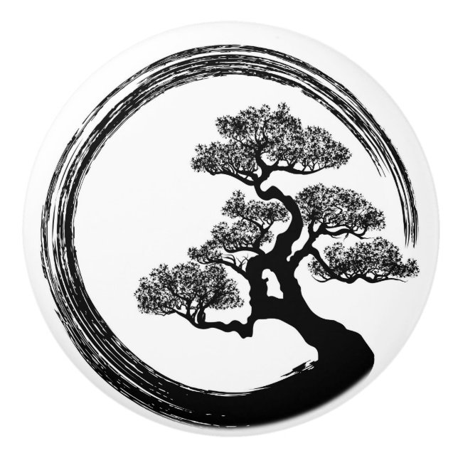 Enso Zen Circle and Bonsai Tree Ceramic Knob (Front)