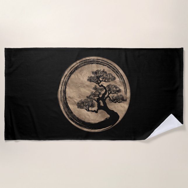 Enso Zen Circle and Bonsai Tree Gold Beach Towel (Front)
