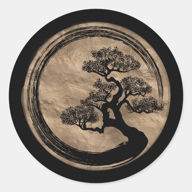 Enso Zen Circle and Bonsai Tree Gold Classic Round Sticker (Front)