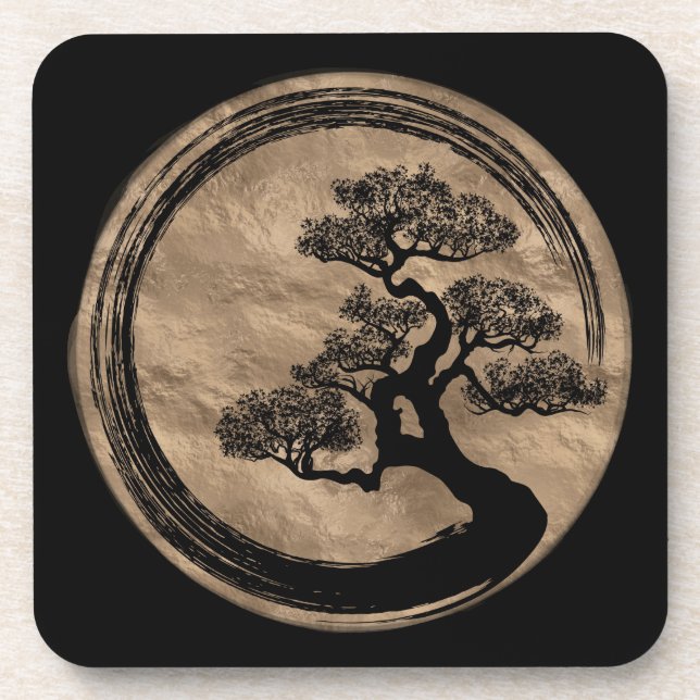 Enso Zen Circle and Bonsai Tree Gold Coaster (Front)