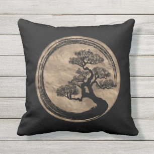 Enso Zen Circle and Bonsai Tree Gold Cushion