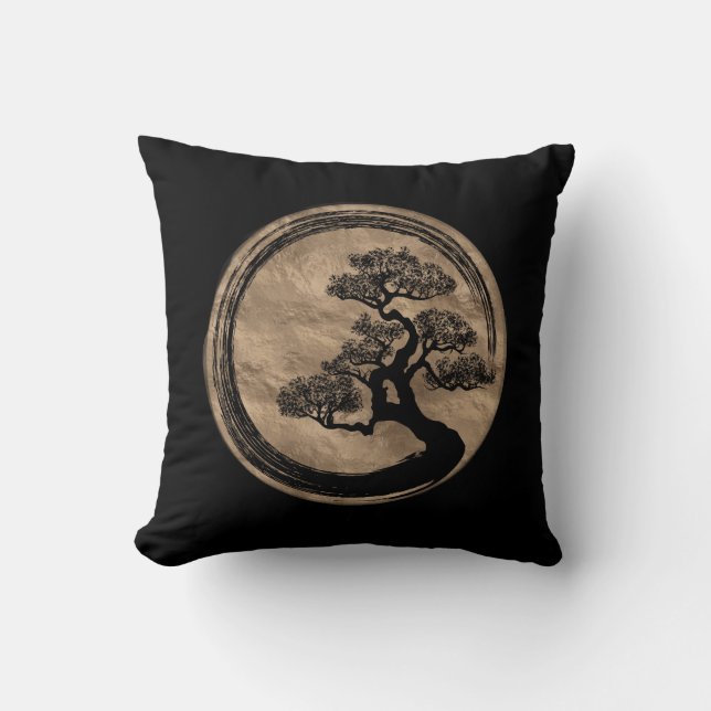 Enso Zen Circle and Bonsai Tree Gold Cushion (Front)