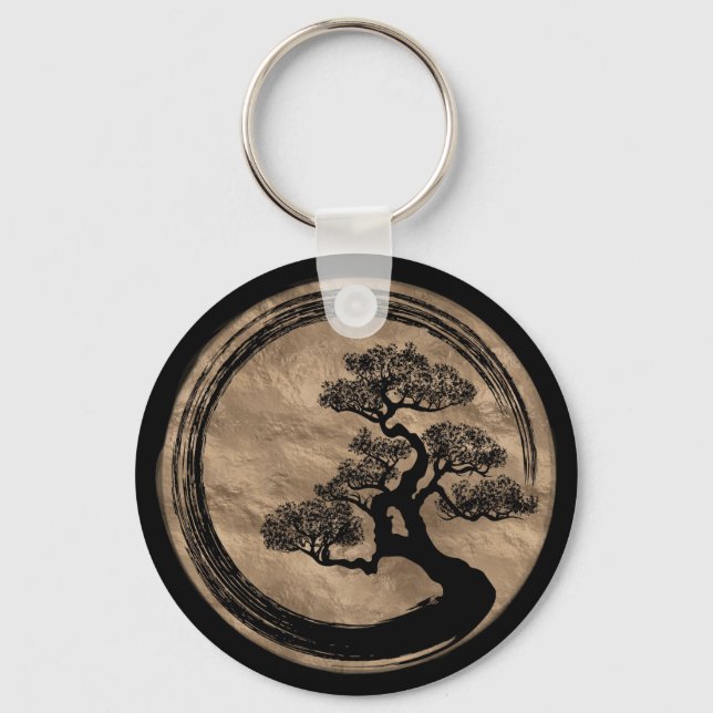 Enso Zen Circle and Bonsai Tree Gold Key Ring (Front)
