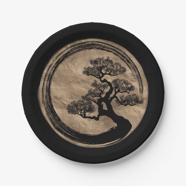 Enso Zen Circle and Bonsai Tree Gold Paper Plate (Front)