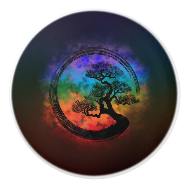 Enso Zen Circle and Bonsai Tree Nebula Ceramic Knob (Front)